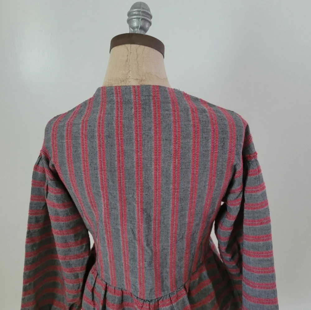 Madewell Balloon Puff Sleeve Peplum Blouse Gray Red Stripe XS